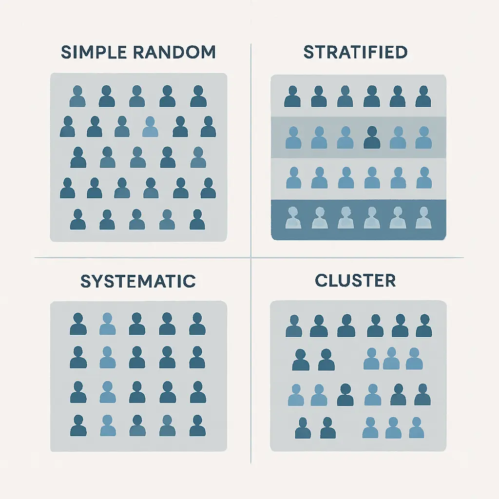 Diagrama ilustrando os quatro tipos de amostragem probabilística: aleatória simples, estratificada, sistemática e por conglomerados
