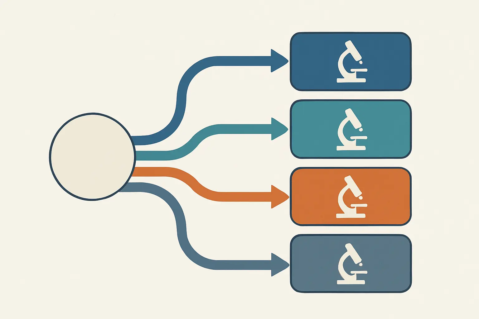 Diagrama ilustrativo dos quatro programas de iniciação científica disponíveis no Brasil: PIBIC, PIBITI, PIBIC-EM e PIVIC, representados como ramificações paralelas de um hub central de pesquisa universitária