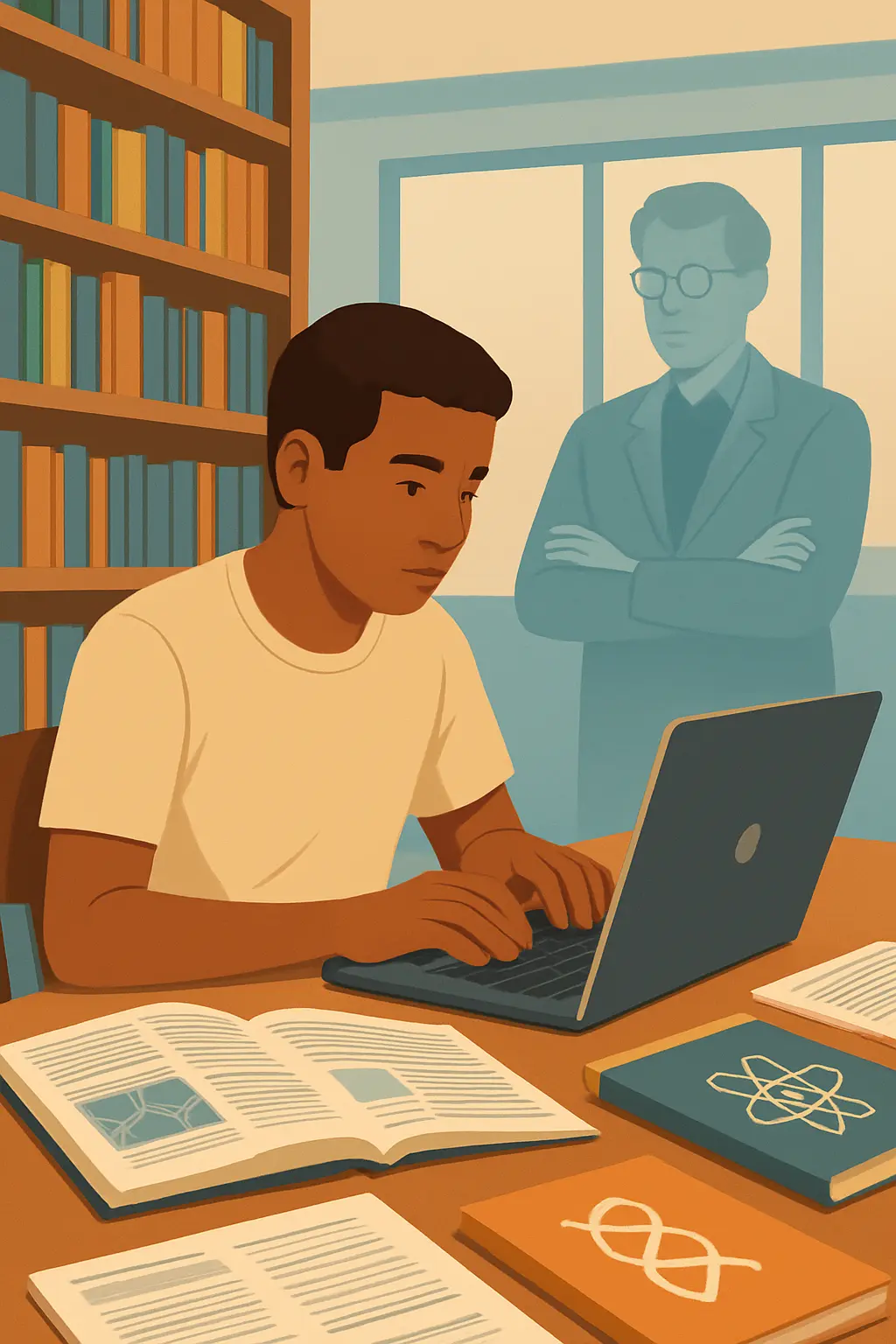 Ilustração editorial de estudante universitário brasileiro em biblioteca acadêmica trabalhando na busca por orientador de iniciação científica, com periódicos e artigos científicos ao redor, em ambiente de pesquisa universitária