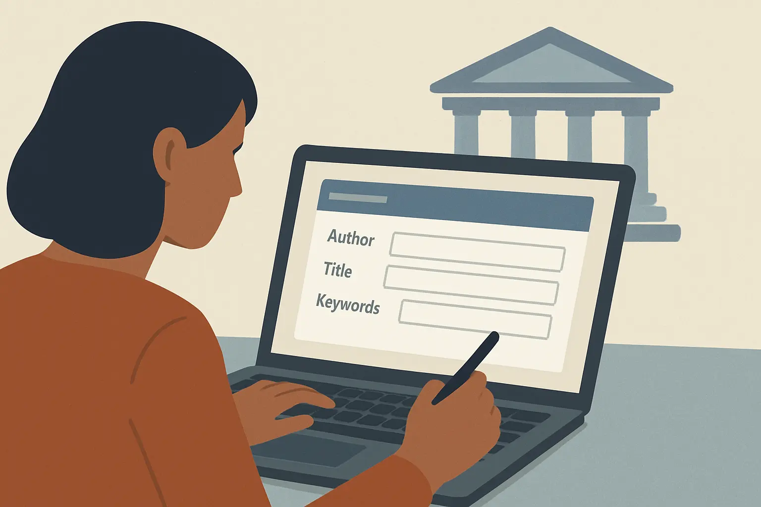 Estudante utilizando o gerador online de ficha catalográfica da biblioteca universitária para o TCC, preenchendo campos bibliográficos no formulário digital