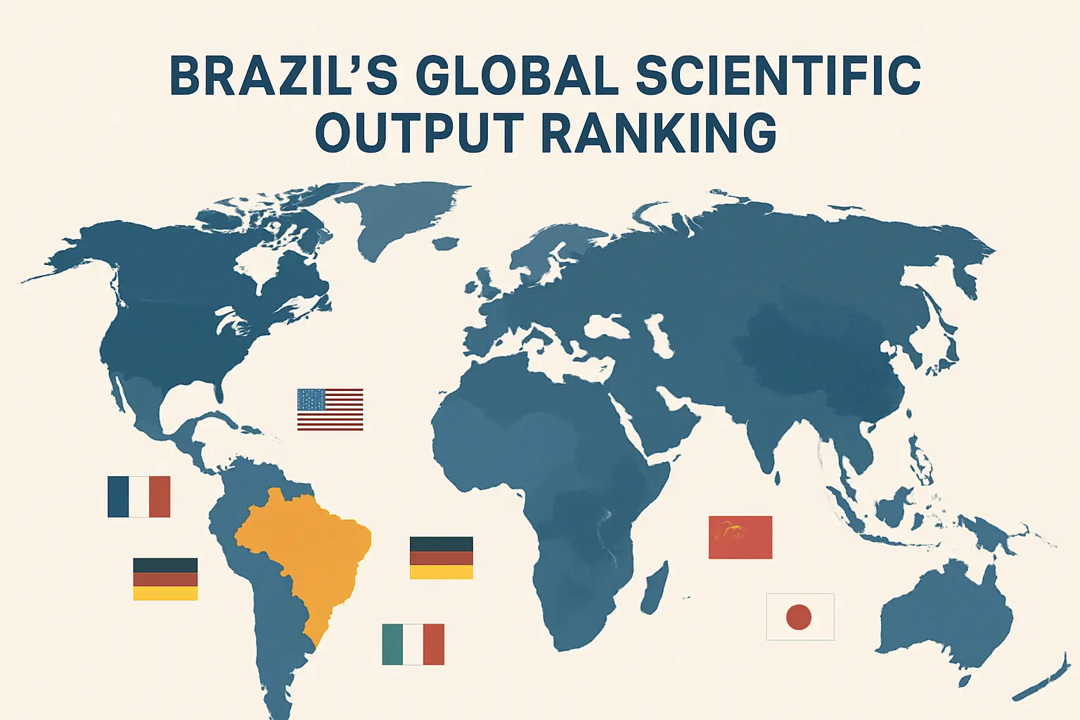 Ilustração do ranking mundial de produção científica destacando a posição do Brasil entre os maiores produtores científicos globais, com referência a dados da Scopus e Web of Science