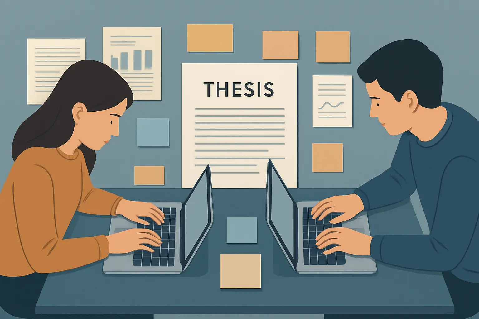 Dois estudantes universitários trabalhando juntos no TCC em dupla, com laptops, documentos compartilhados e organização de pesquisa colaborativa