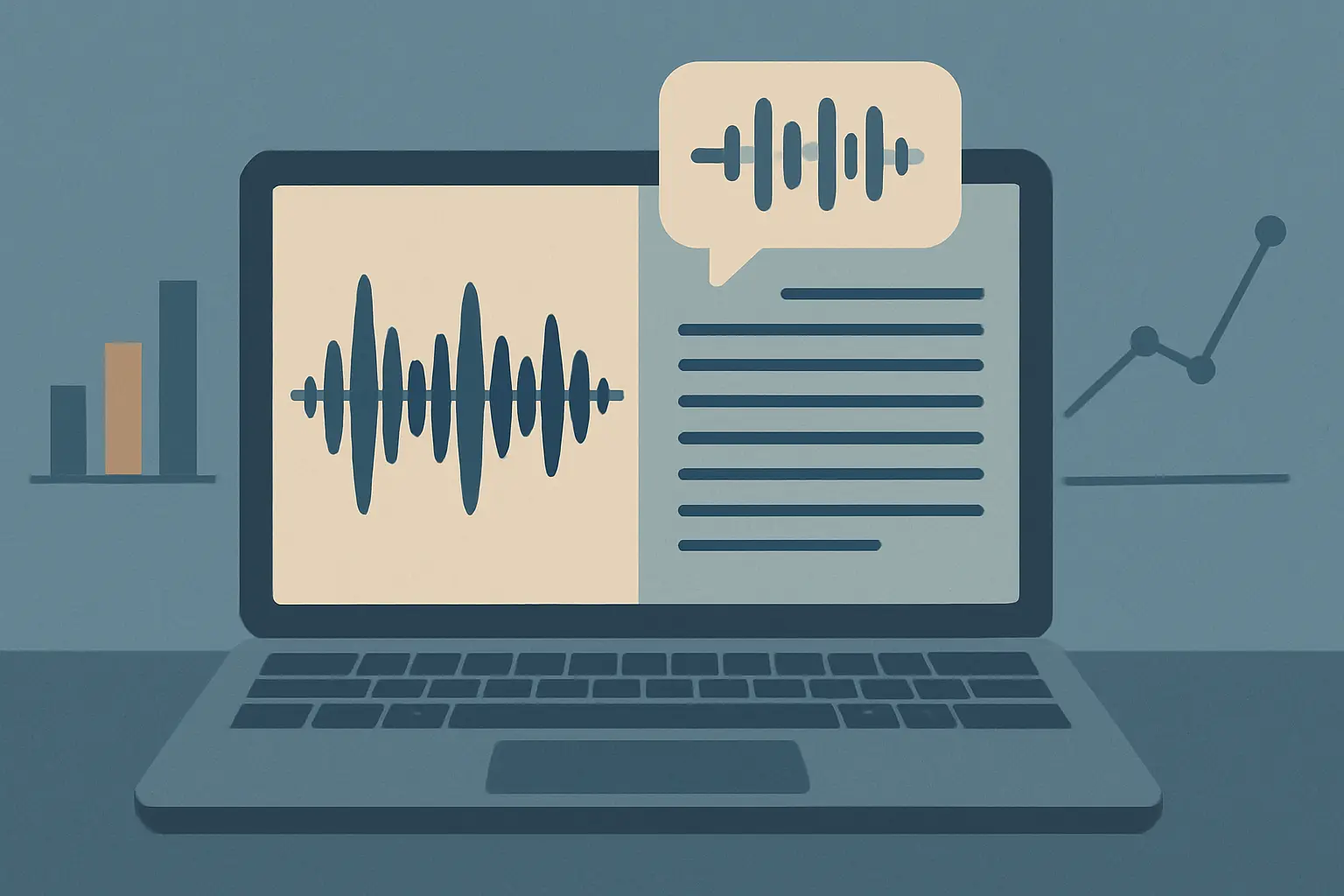 Ilustração mostrando ondas sonoras de áudio sendo convertidas em texto por inteligência artificial para transcrição de entrevistas no TCC
