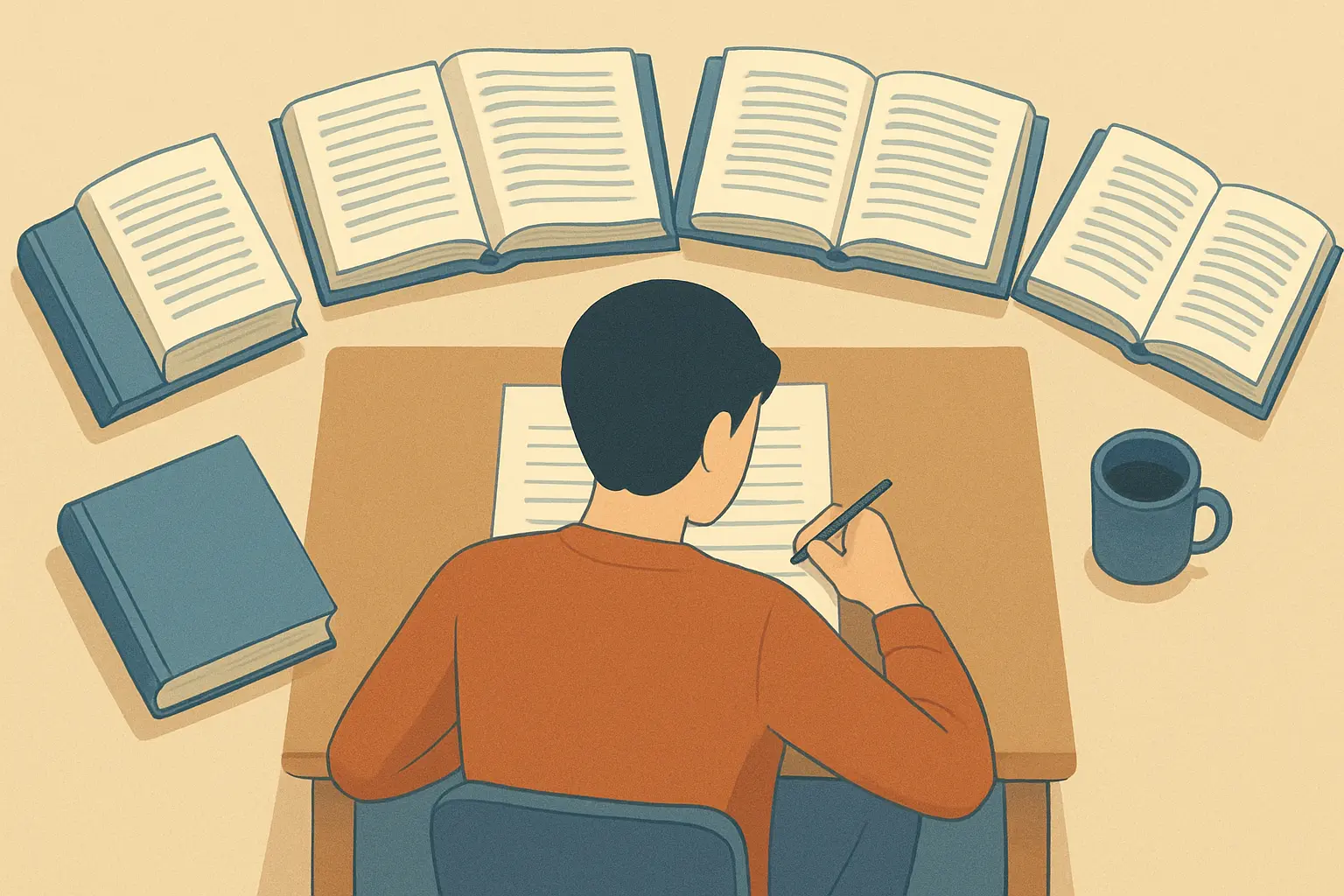Estudante construindo voz autoral própria no TCC: síntese crítica de múltiplas fontes acadêmicas resultando em contribuição original, representada como documentos-fonte em arco ao redor de um trabalho único