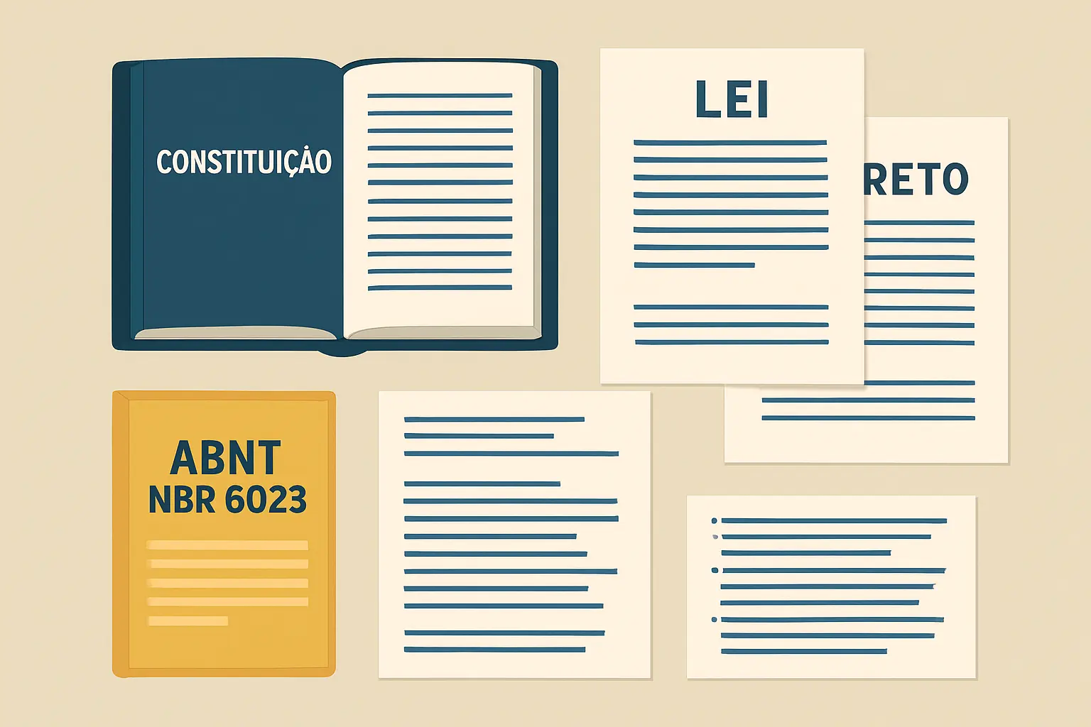 Documentos jurídicos brasileiros — Constituição Federal, leis e decretos — organizados ao lado de uma lista de referências ABNT NBR 6023 para citação no TCC