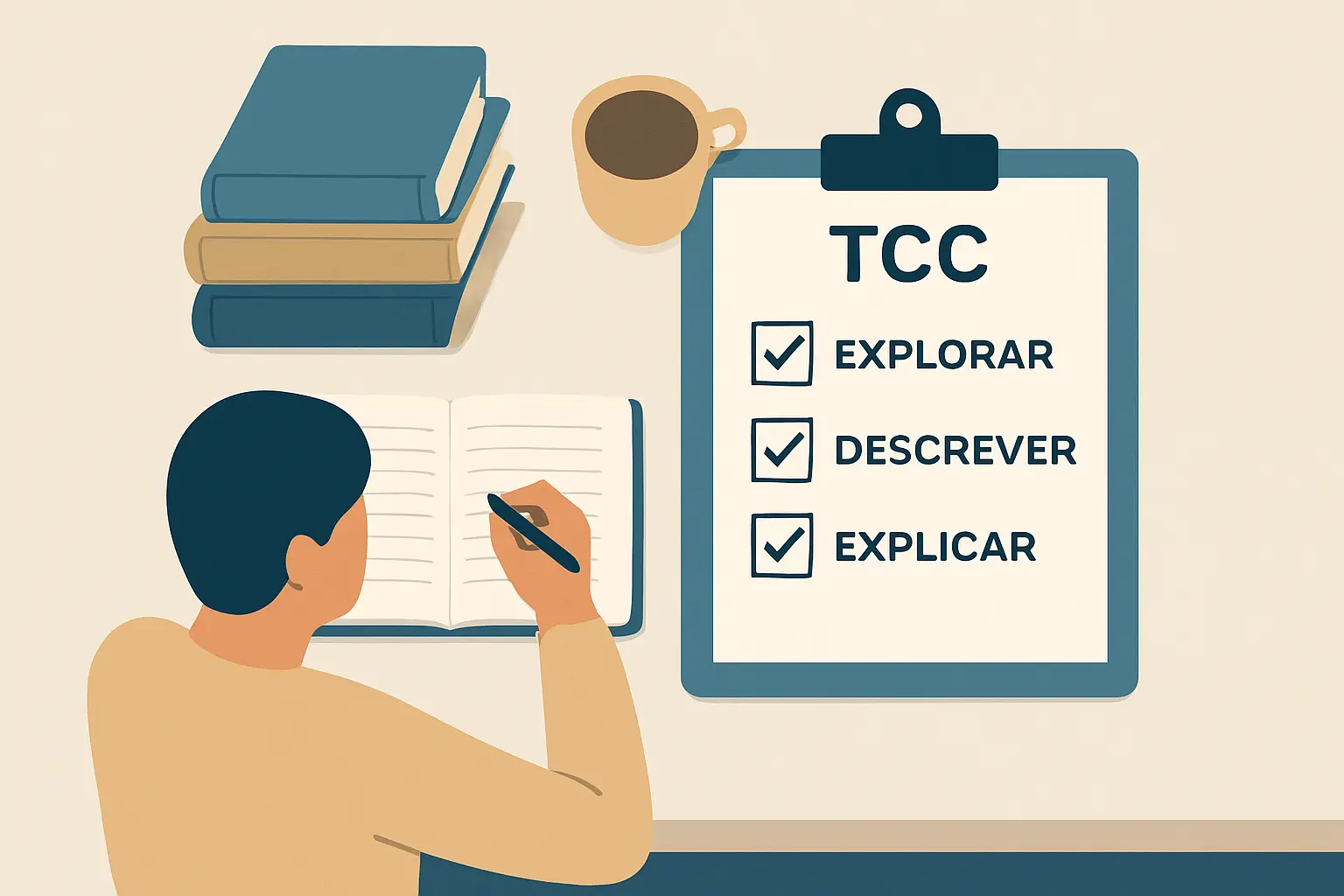 Fluxo de trabalho de metodologia de pesquisa científica para TCC universitário, mostrando os níveis de objetivos explorar, descrever e explicar