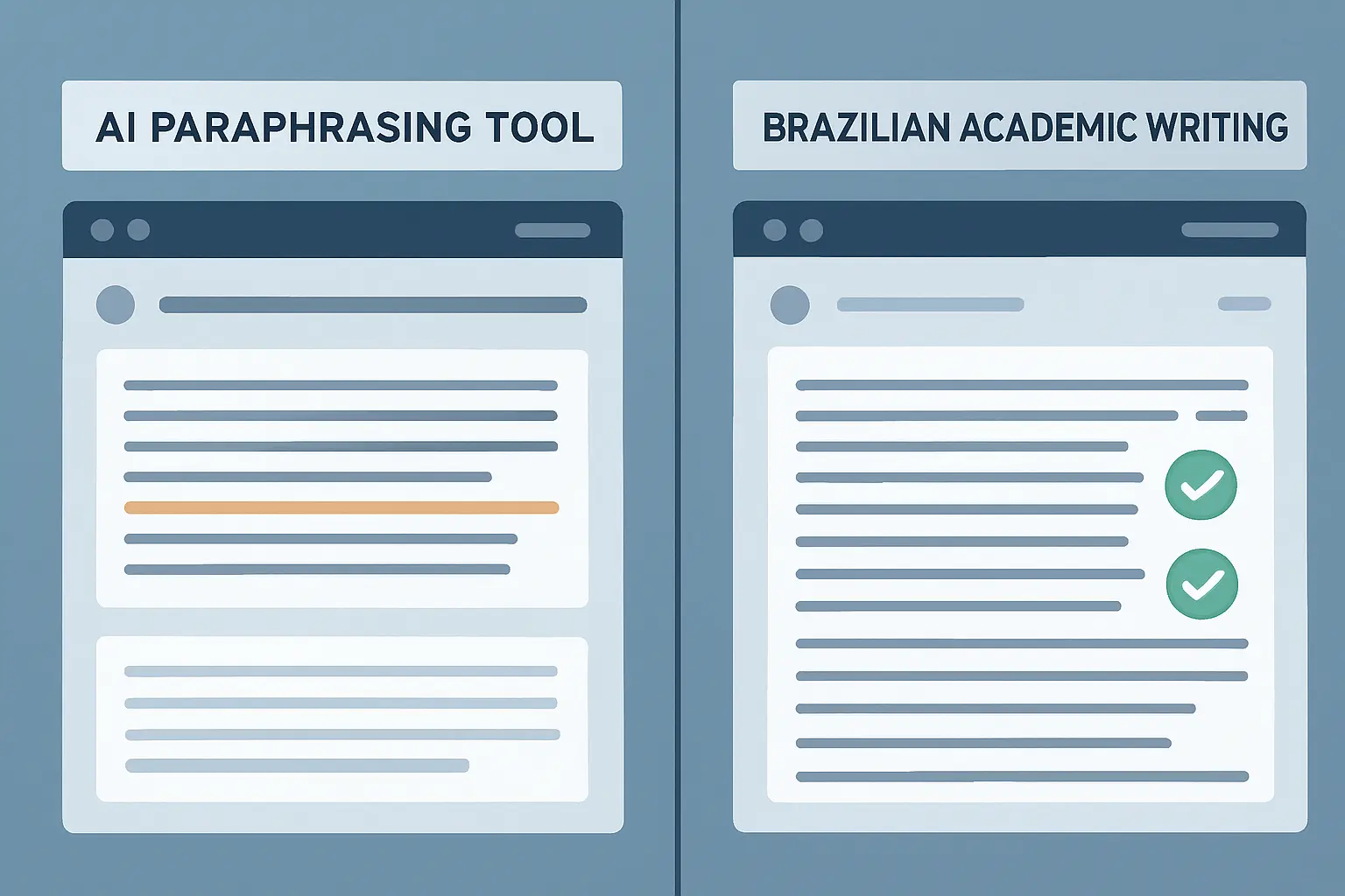 Comparativo visual entre ferramenta de paráfrase em inglês e plataforma acadêmica brasileira aplicadas ao texto acadêmico em português ABNT