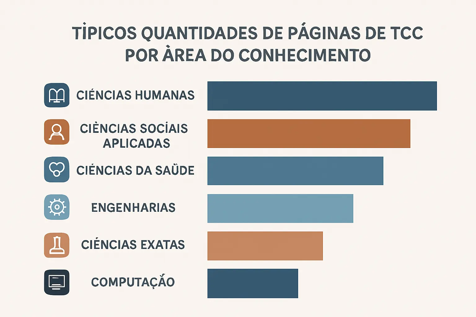 Gráfico comparativo de faixas de páginas do TCC por área do conhecimento: Humanas, Saúde, Engenharia, Exatas e Computação