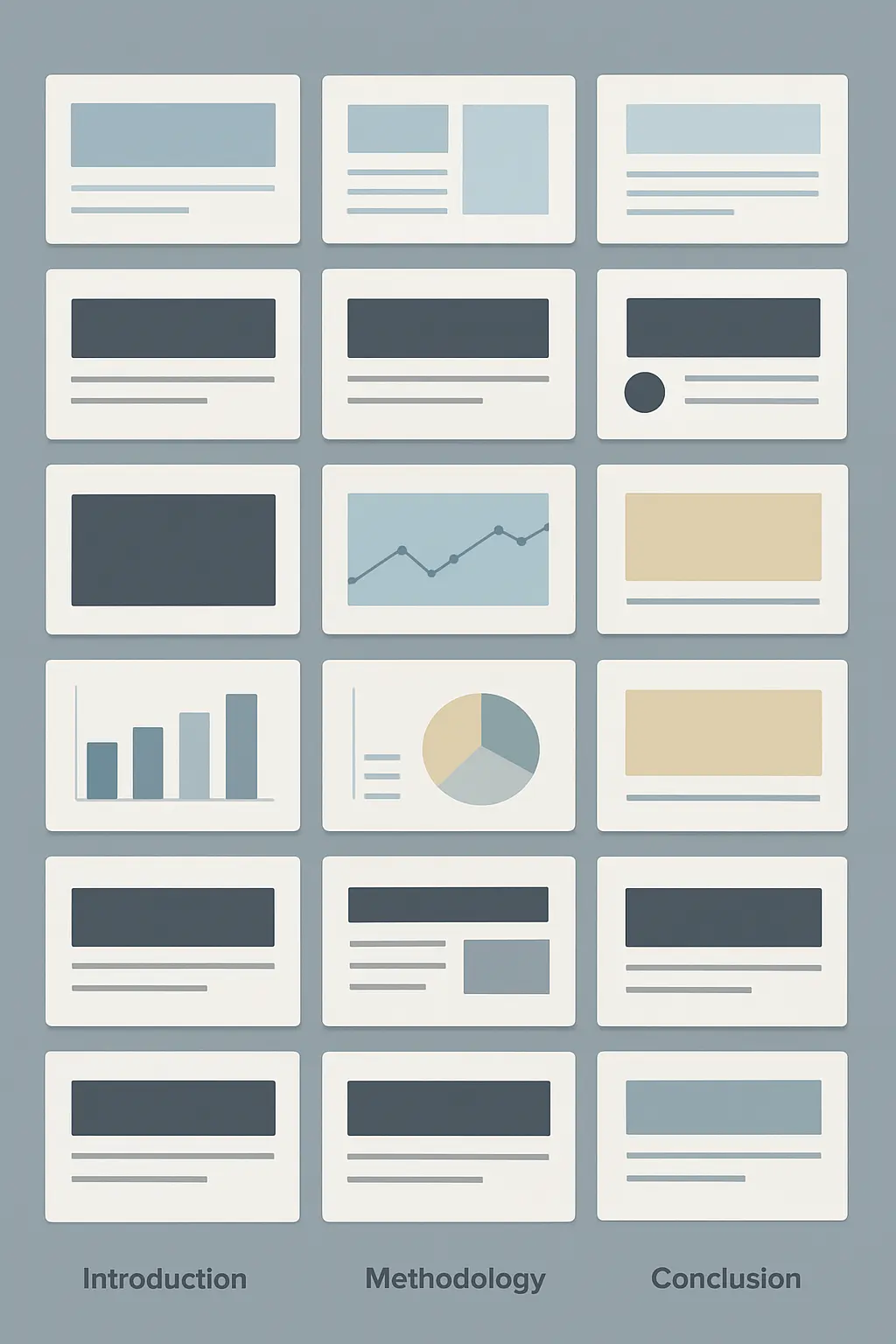 Modelo visual de estrutura de 16 slides para apresentação de TCC, com seções codificadas por cor: capa, sumário, metodologia, resultados e conclusão