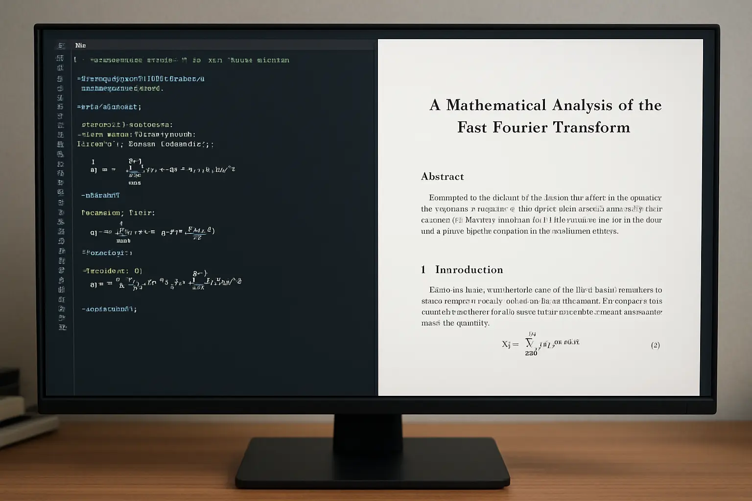 Editor de LaTeX com código-fonte à esquerda e o PDF compilado da tese à direita
