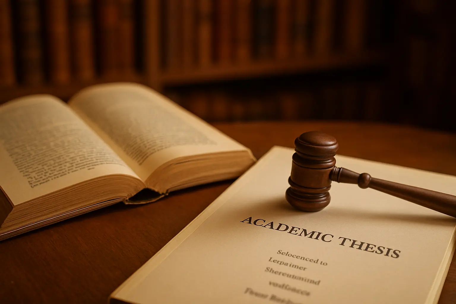 Livro de direito ao lado de tese acadêmica impressa representando a proteção legal de obras científicas