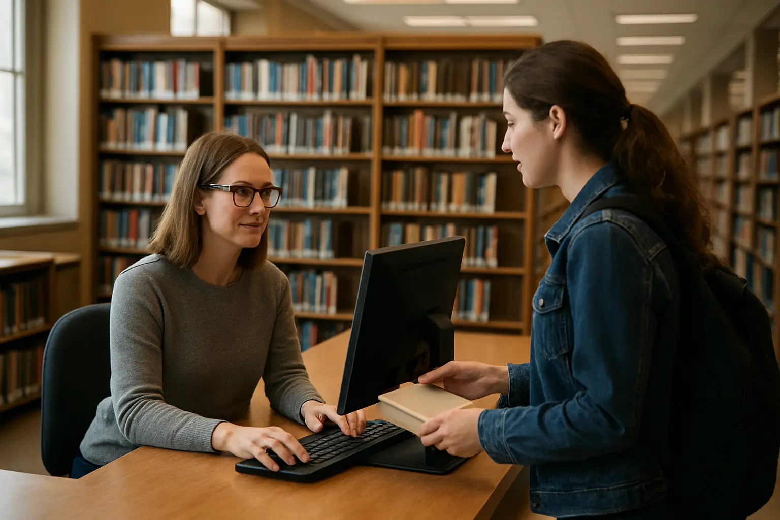 Balcão de atendimento de biblioteca universitária com bibliotecária auxiliando estudante