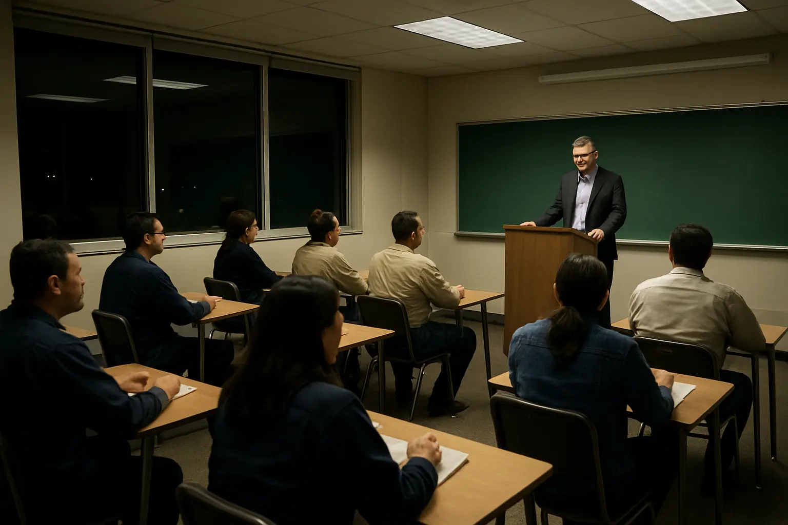 Sala de aula universitária noturna com estudantes que vieram direto do trabalho