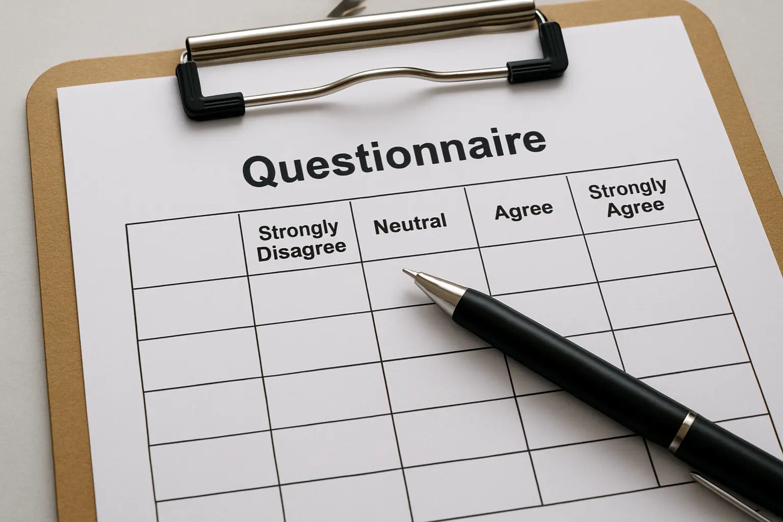Questionário impresso com escala Likert de cinco pontos