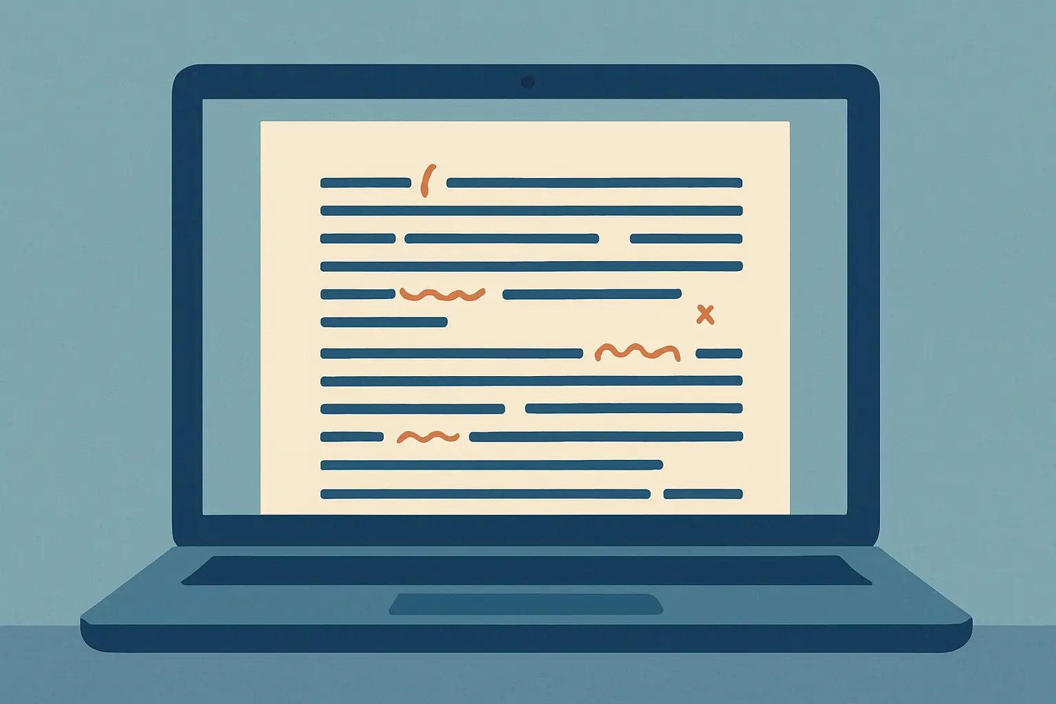 Ilustração editorial de uma tela de laptop mostrando um documento acadêmico com a lista de referências sendo organizada no Word