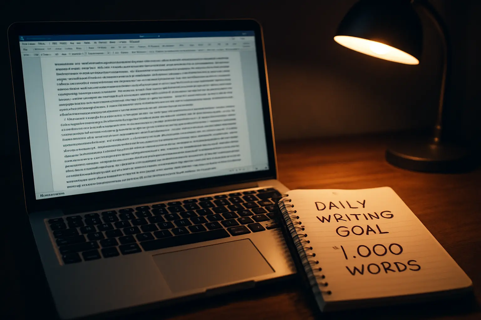 Tela de editor de texto mostrando contador de palavras e uma meta diária destacada durante a escrita do TCC