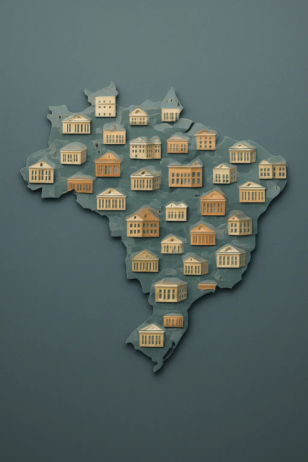 Ilustração de mapa do Brasil com edifícios representando distribuição regional de universidades
