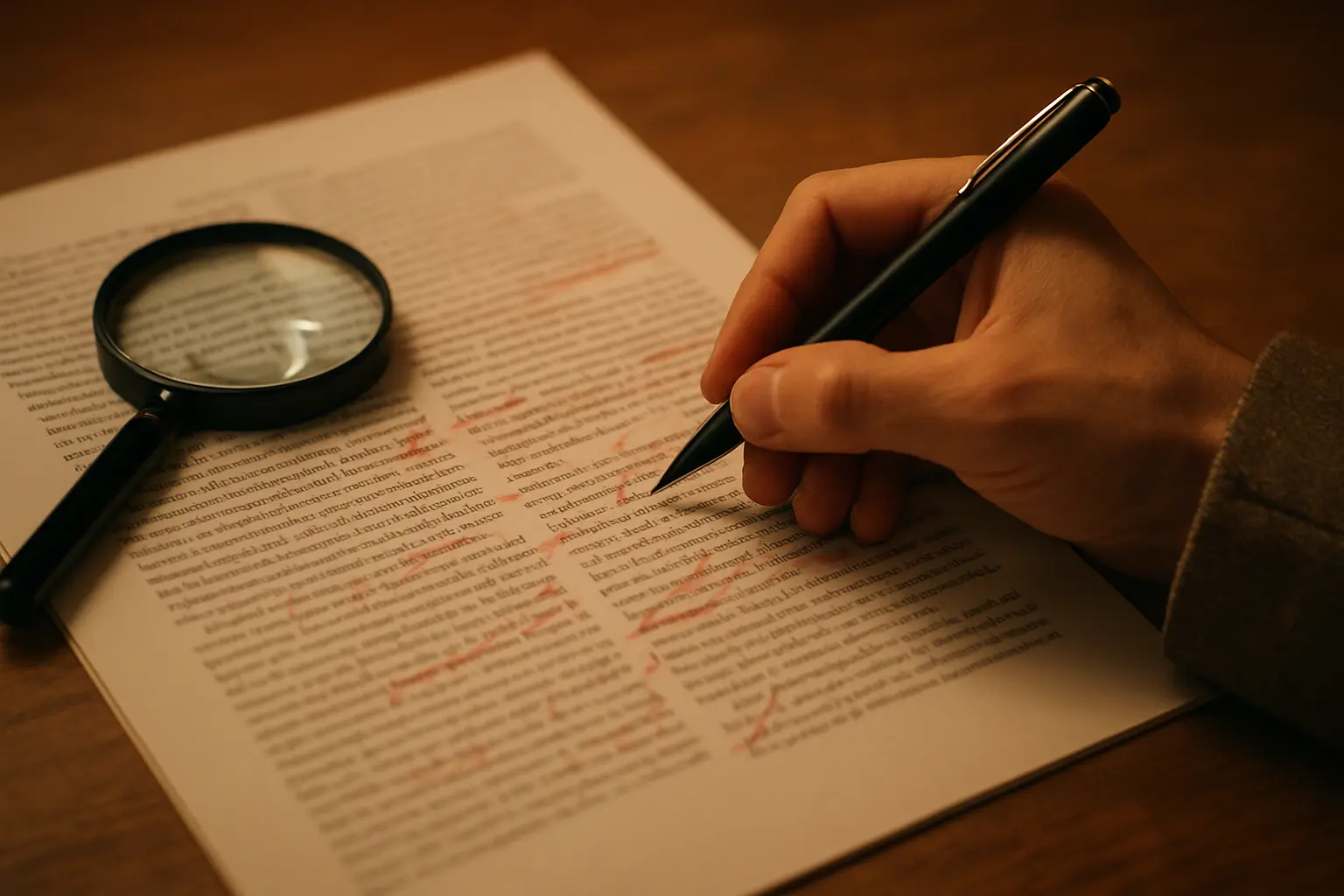 Pessoa escrevendo anotações críticas nas margens de um artigo acadêmico durante a análise da obra