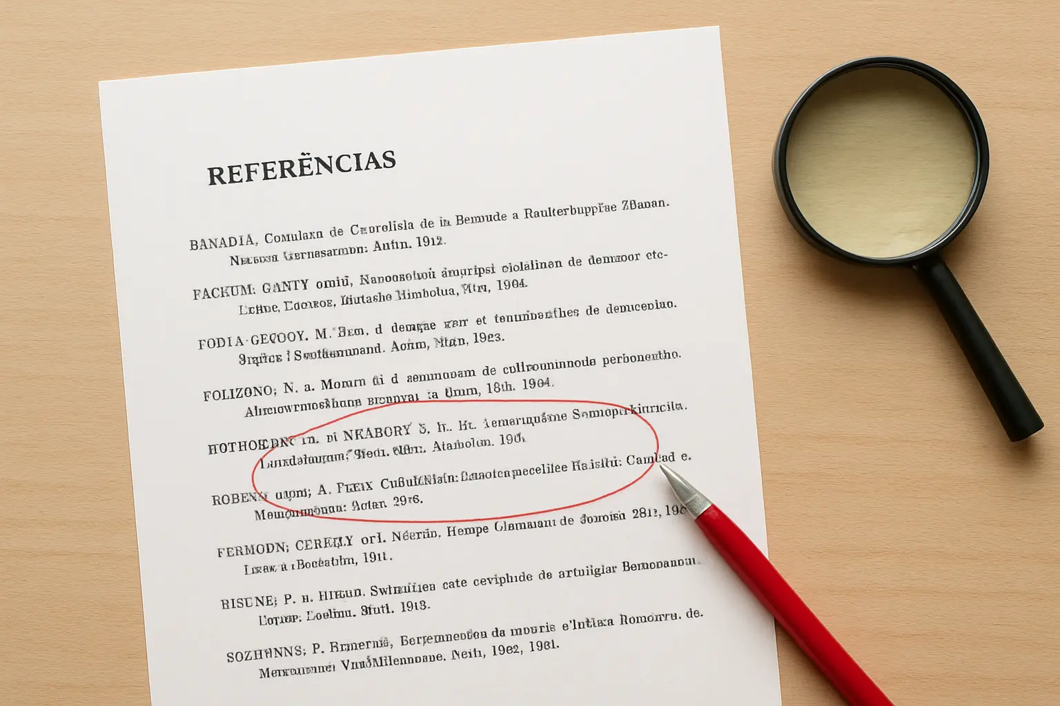 Lista de referências ABNT sendo verificada com lupa e caneta vermelha
