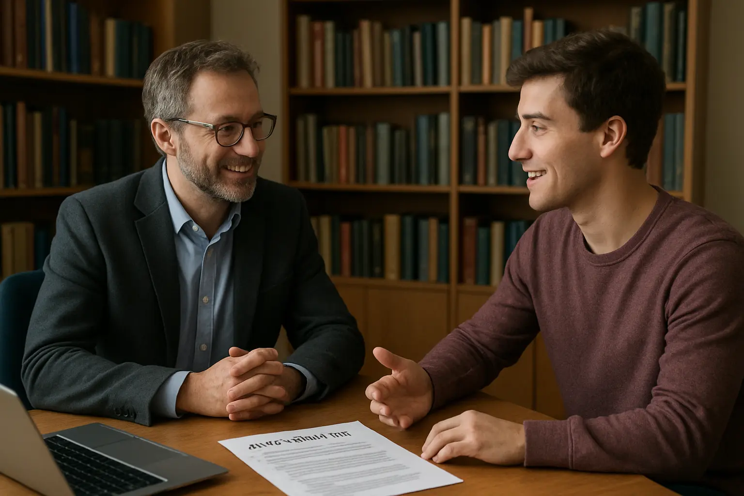 Estudante conversando com professor na sala do departamento para pedir carta de recomendação
