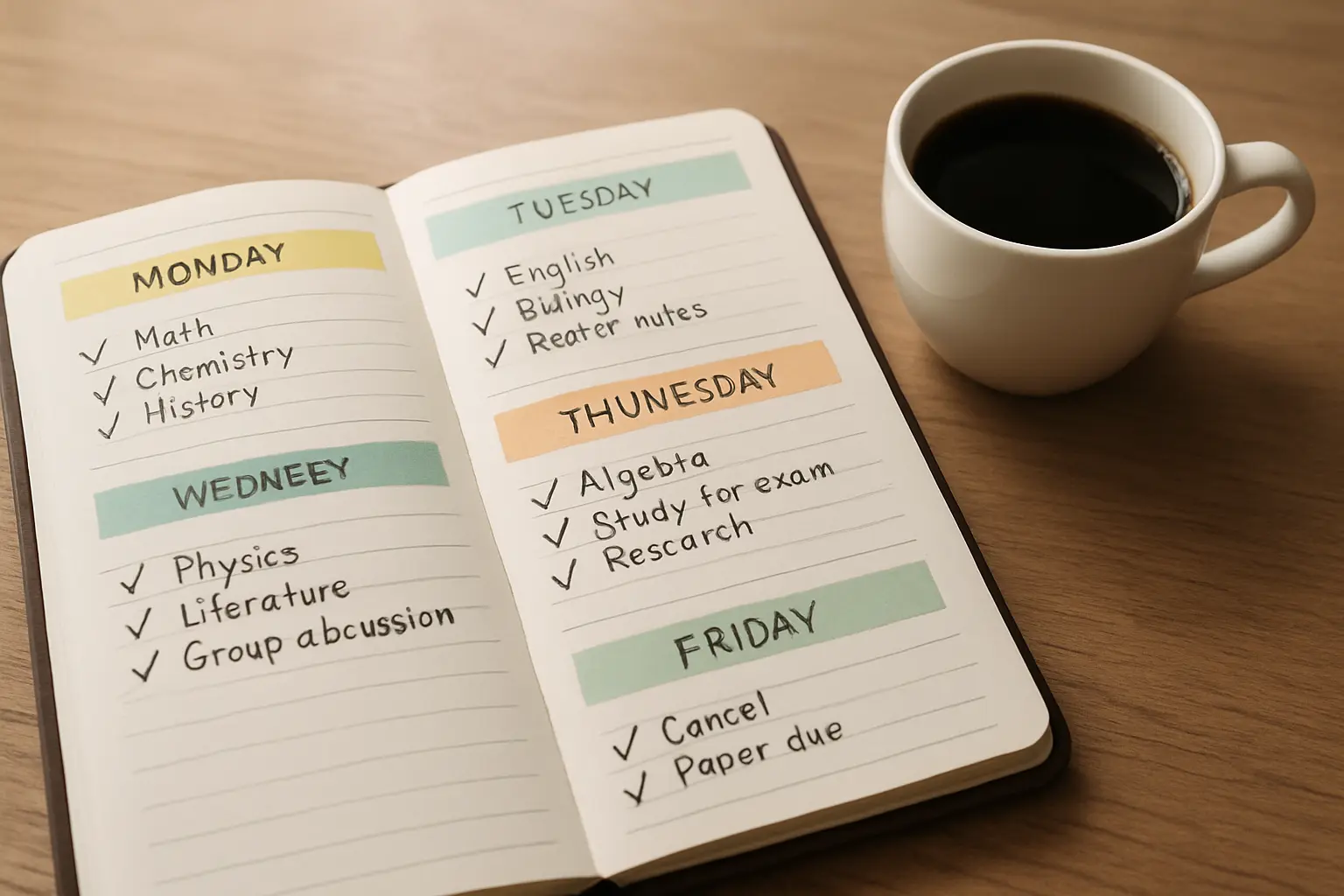 Planner semanal aberto com tarefas do TCC marcadas, representando a revisão semanal do cronograma