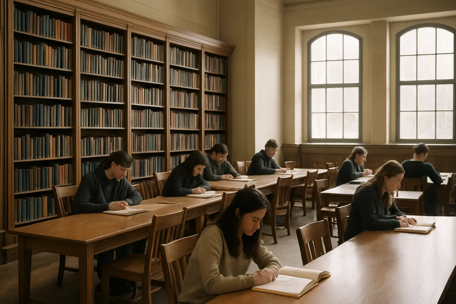 Sala de leitura de biblioteca universitária com estudantes estudando