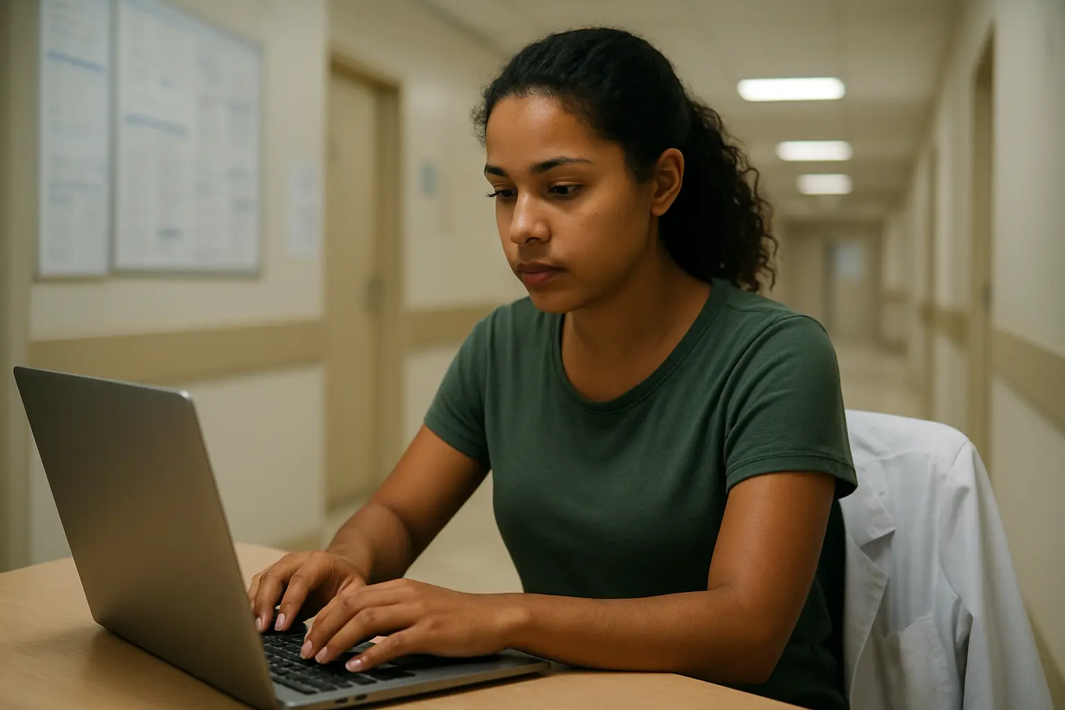 Estudante de enfermagem digitando no laptop em corredor de hospital com jaleco branco