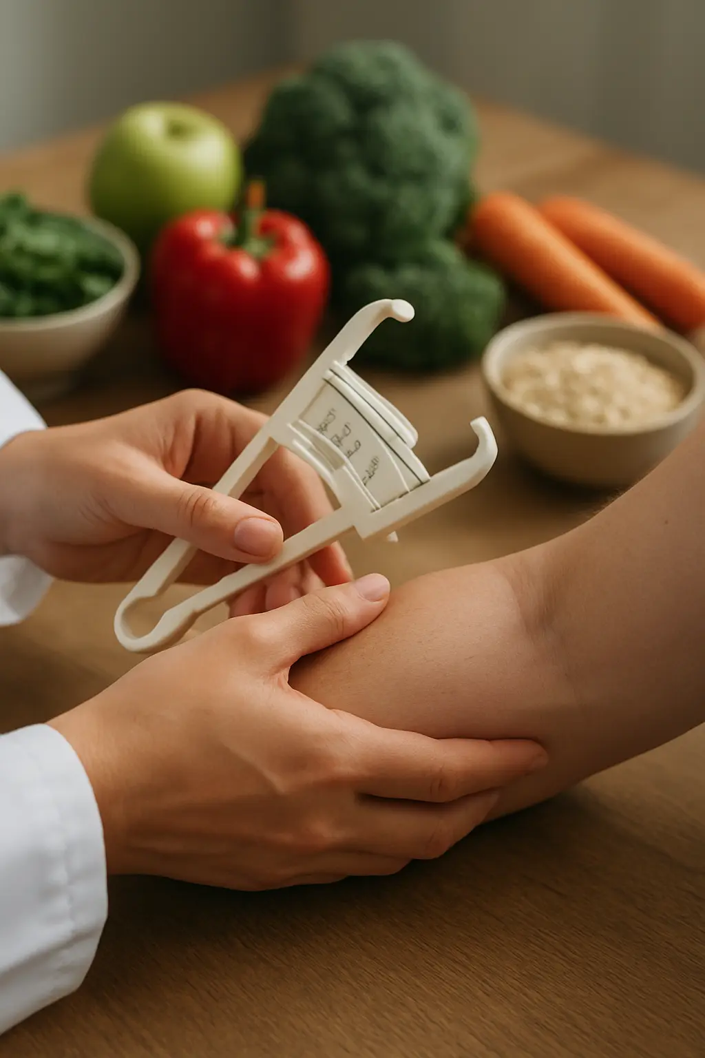 Medição de dobras cutâneas durante avaliação nutricional para pesquisa do TCC