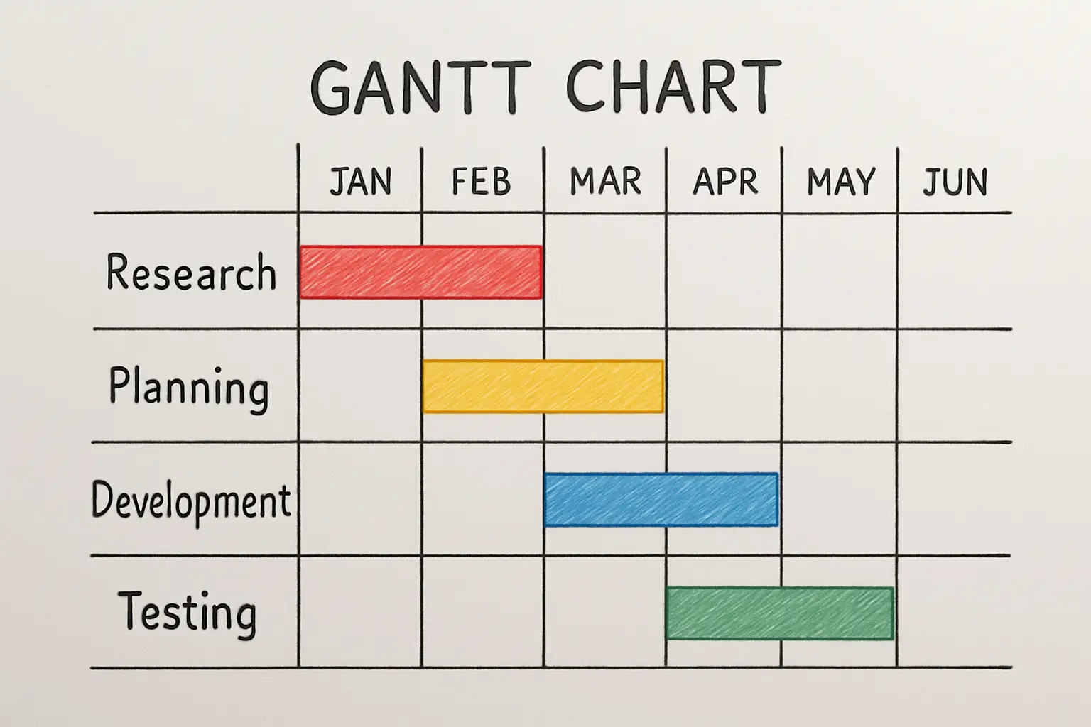Diagrama de Gantt desenhado à mão mostrando as etapas do cronograma de TCC distribuídas em meses