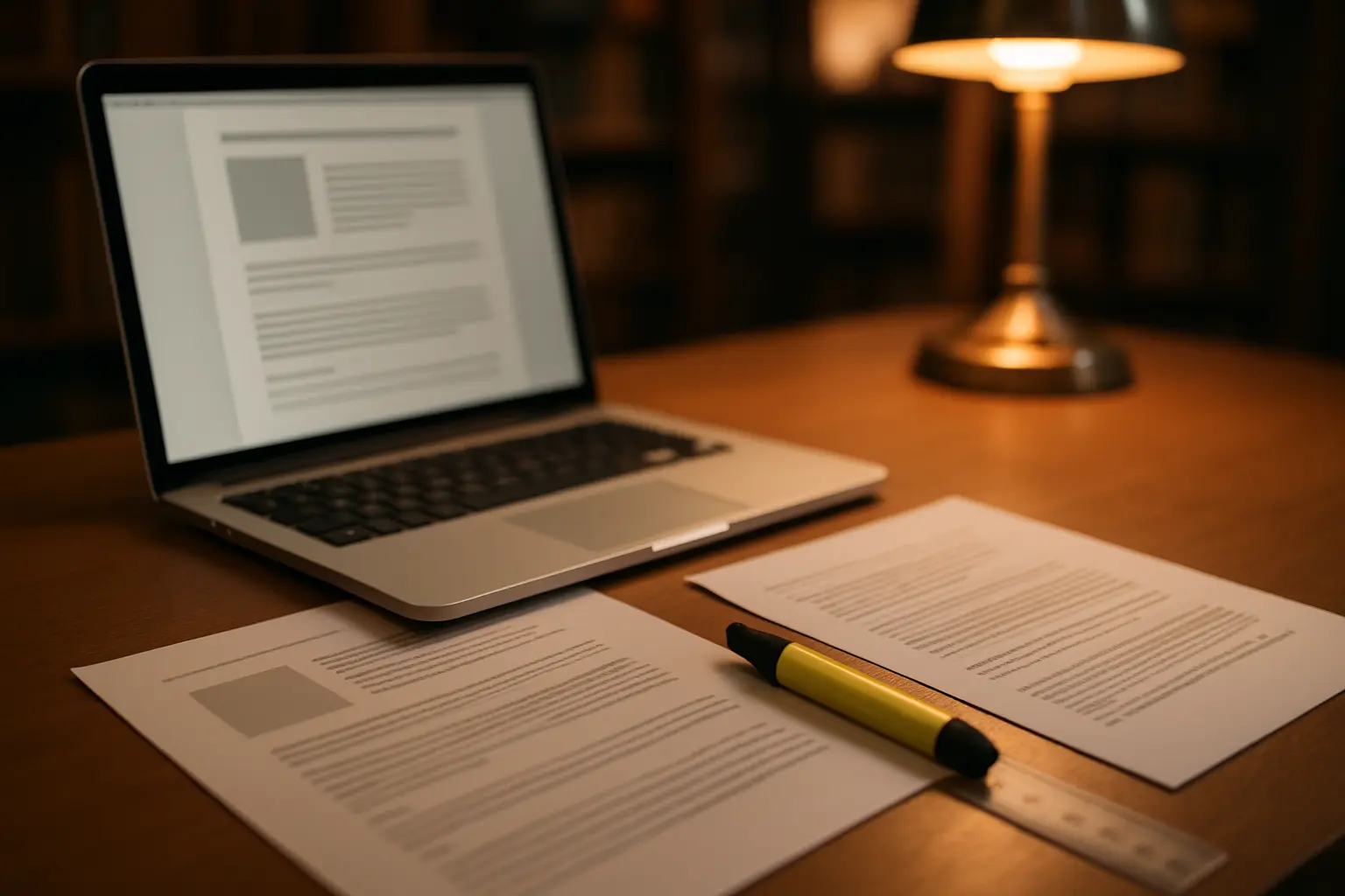 Estudante formatando um trabalho acadêmico em normas ABNT em mesa com laptop e réguas