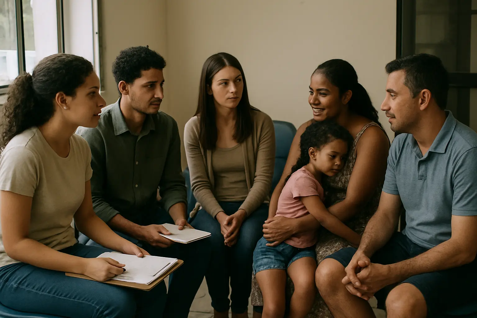Estudantes de Serviço Social conversando com uma família durante entrevista de pesquisa de campo em centro socioassistencial