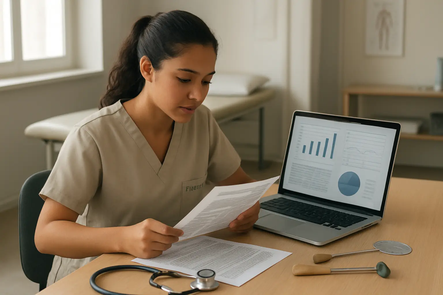 Estudante de Fisioterapia analisando os dados coletados para o capítulo de resultados do TCC