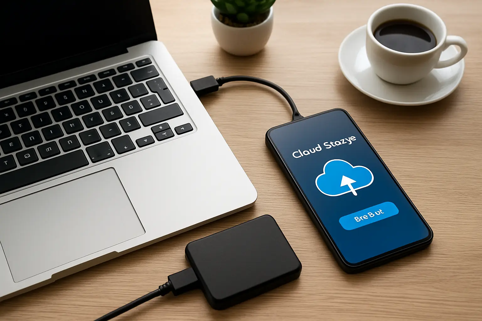 Notebook, disco externo e ícone de nuvem representando três cópias de backup do TCC