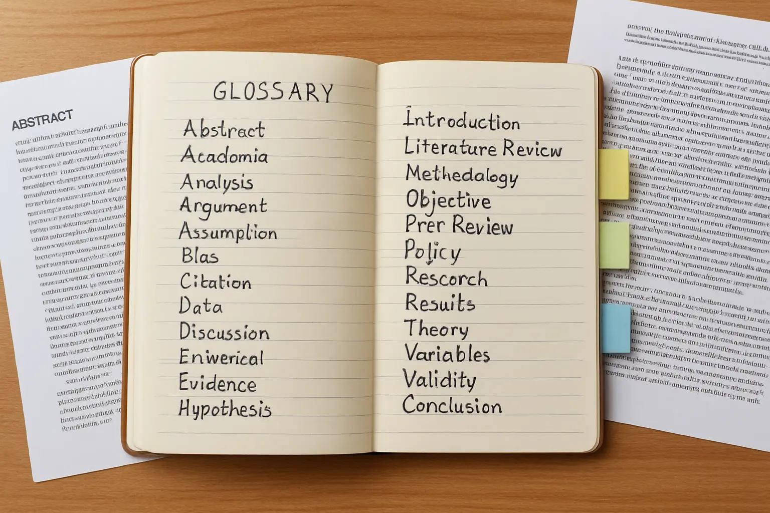 Caderno com glossário de conectivos e verbos acadêmicos em inglês anotados à mão