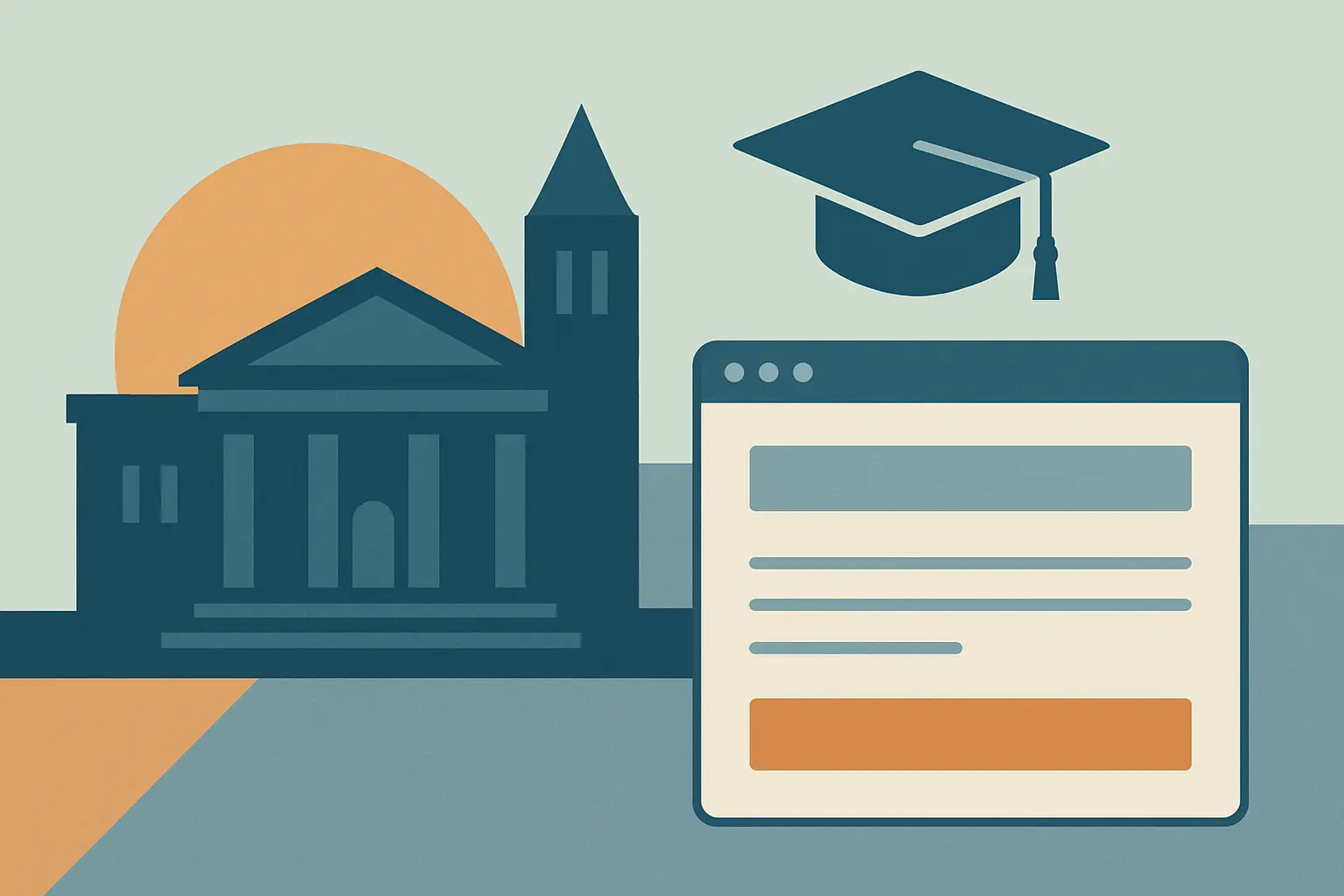 Ilustração editorial de um campus universitário com capelo de formatura e formulário simplificado de inscrição