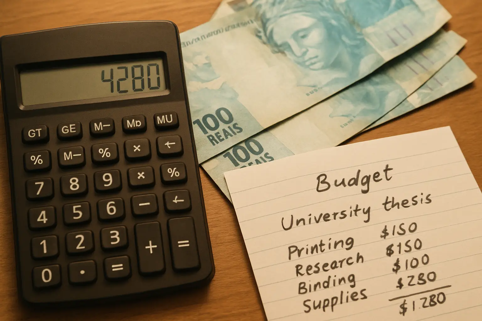 Calculadora e notas de real sobre mesa representando o orçamento total do TCC