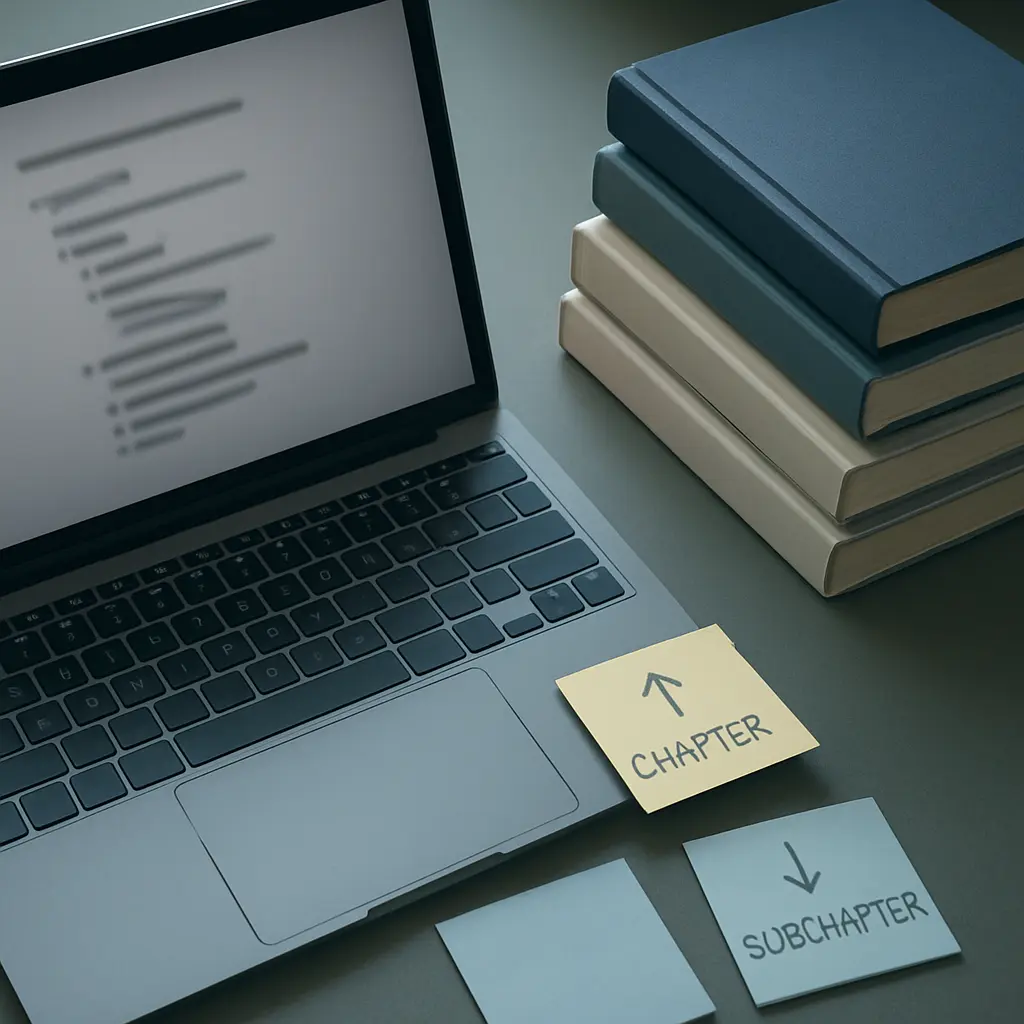 Mesa de estudo com laptop e livros organizados representando estrutura de capítulos acadêmicos