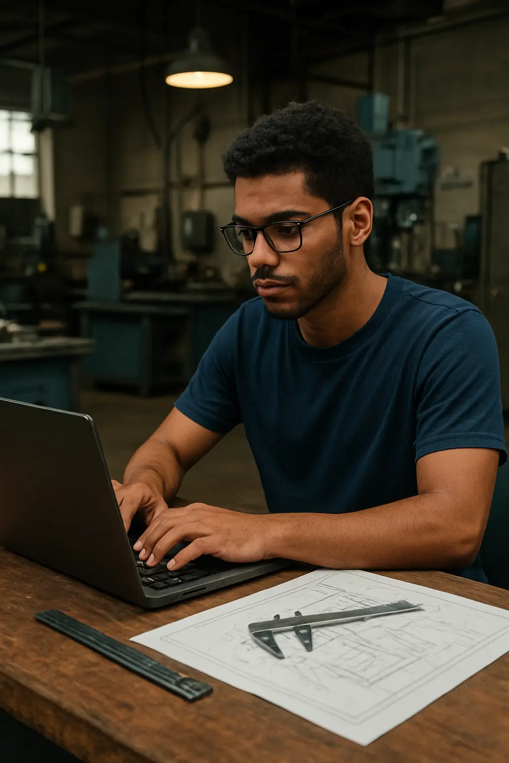 Estudante de engenharia digitando no laptop em bancada de laboratório universitário