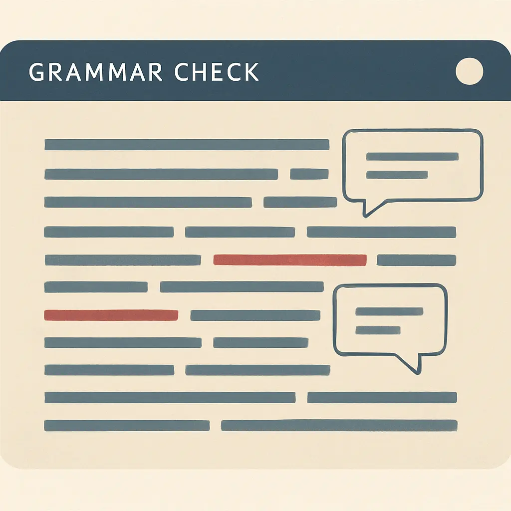 Interface de correção gramatical destacando sugestões em um parágrafo