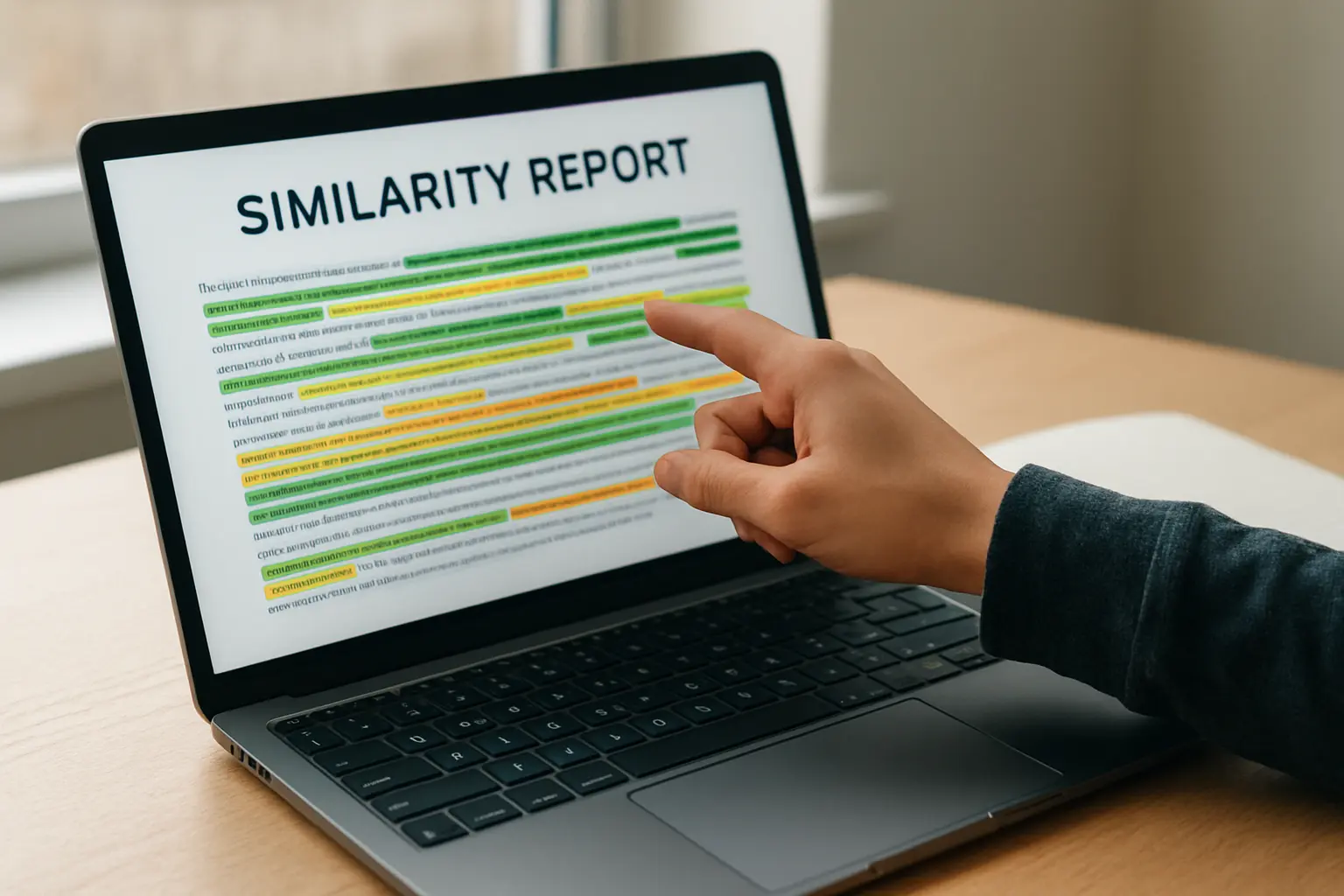 Estudante analisando relatório de similaridade colorido em laptop antes de entregar o TCC