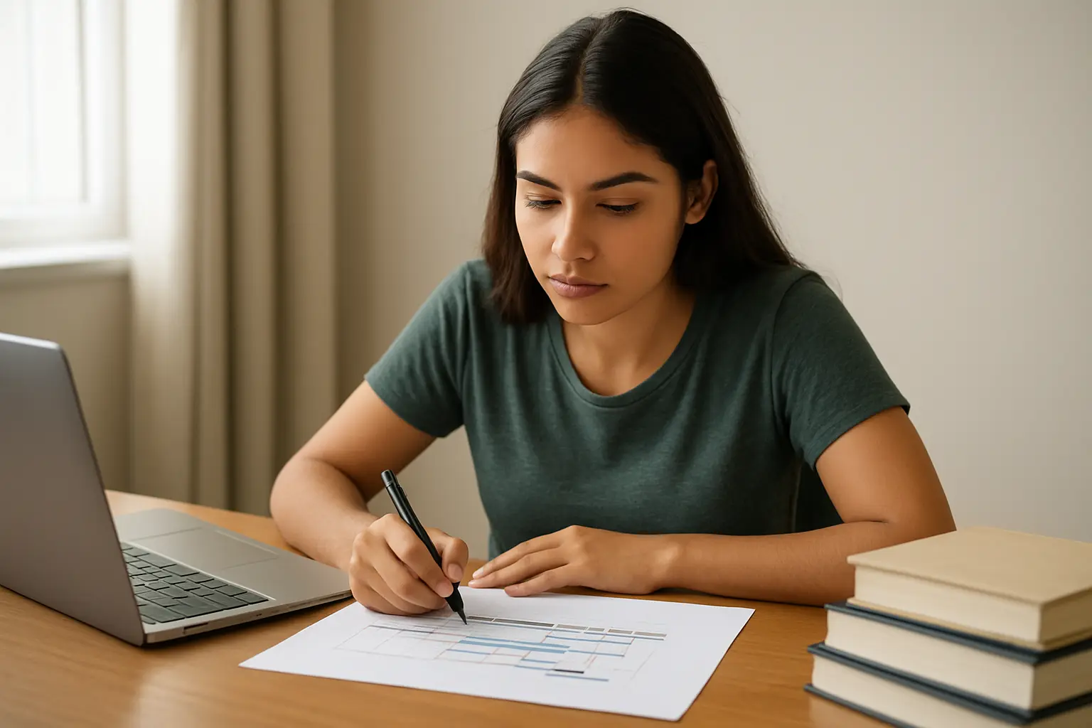 Estudante revisando cronograma do TCC de Administração em mesa de estudos