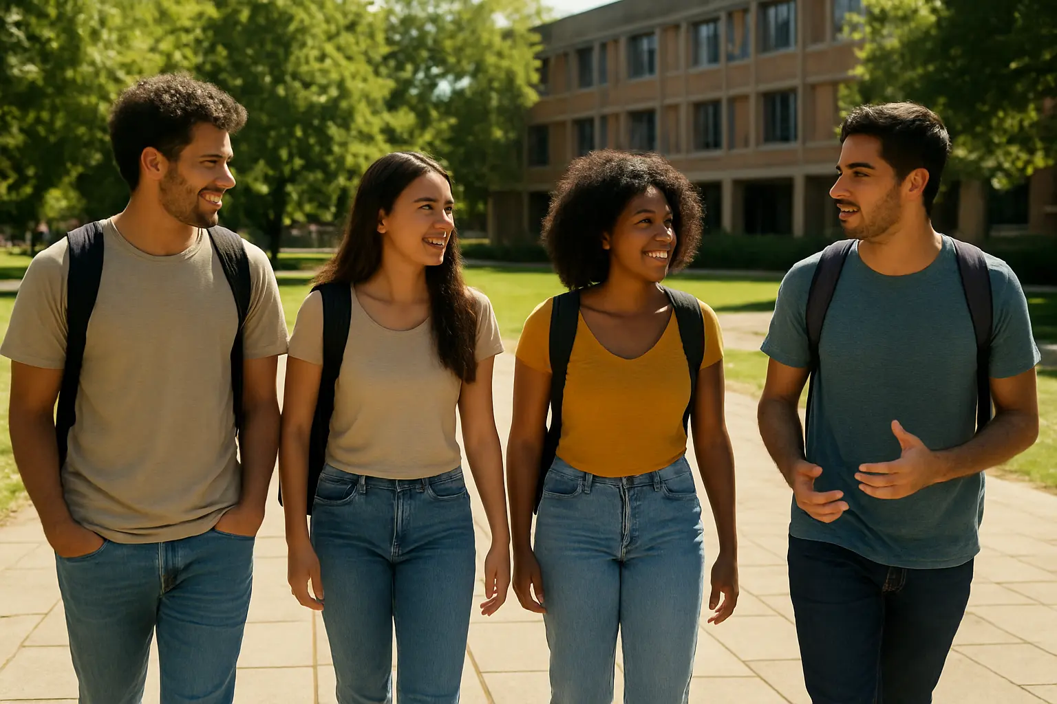 Grupo de estudantes universitários brasileiros caminhando pelo campus em dia ensolarado