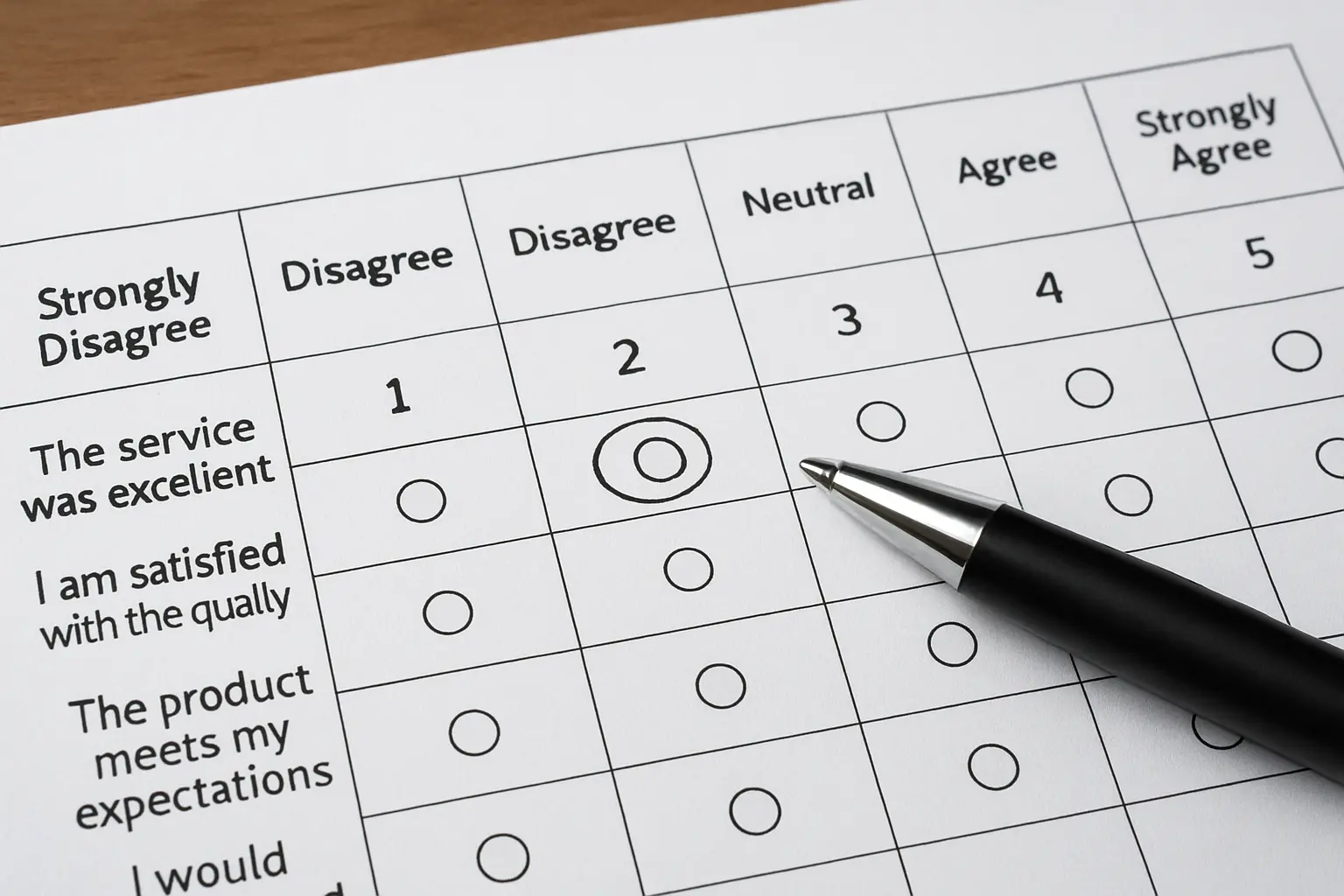 Tabela de escala Likert de 1 a 5 usada em questionário de pesquisa acadêmica