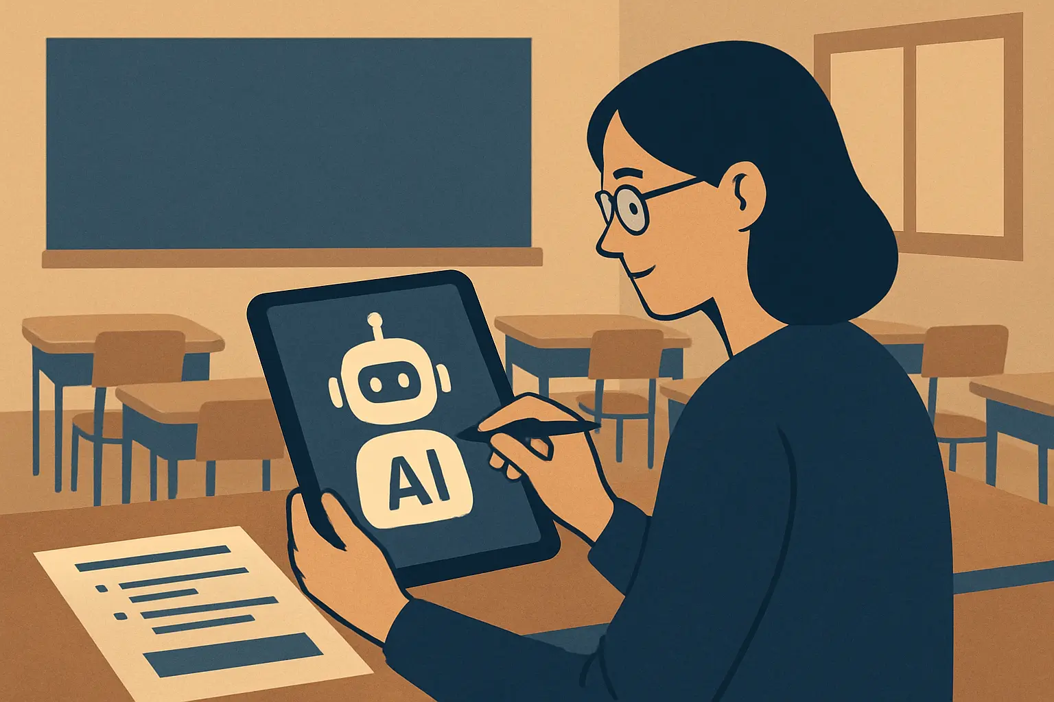 Professor preparando aula com apoio de inteligência artificial em um tablet