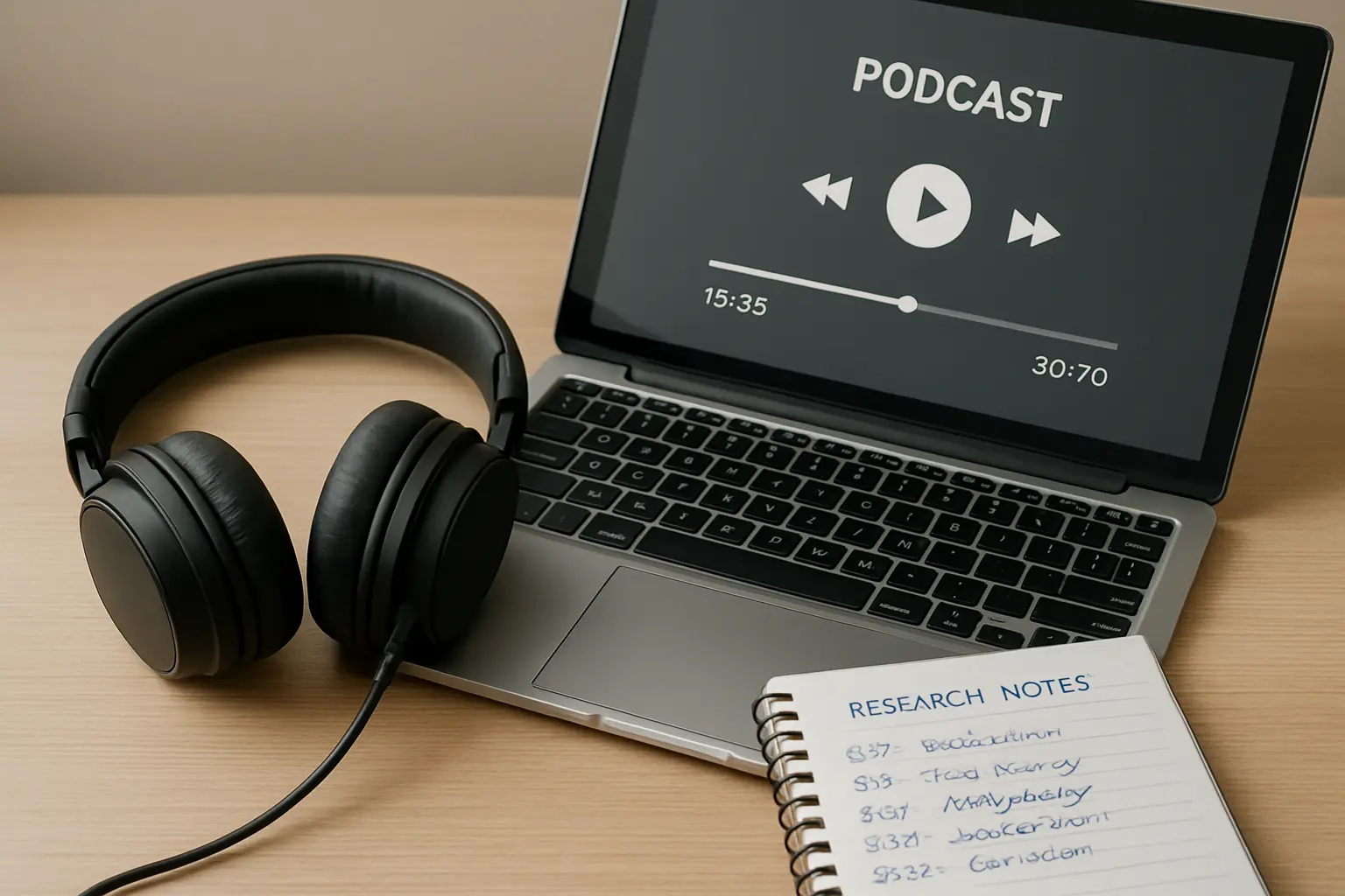 Fones de ouvido e tela de aplicativo de podcast ao lado de anotações de pesquisa
