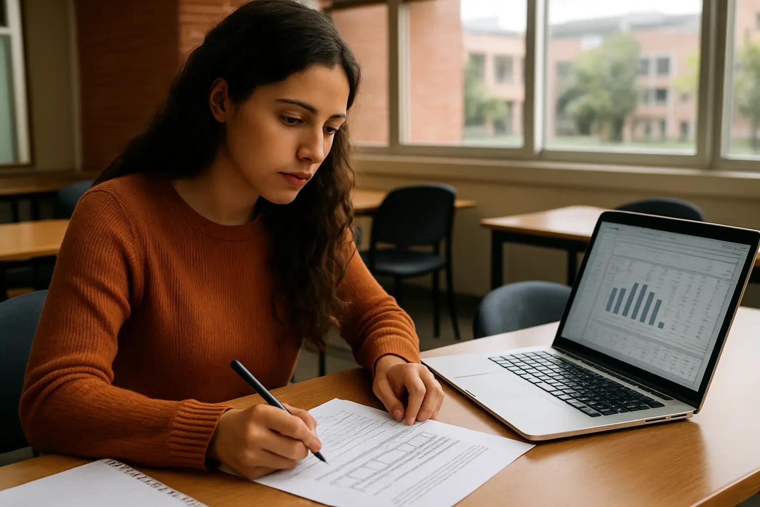 Estudante analisando dados para testar a hipótese de pesquisa