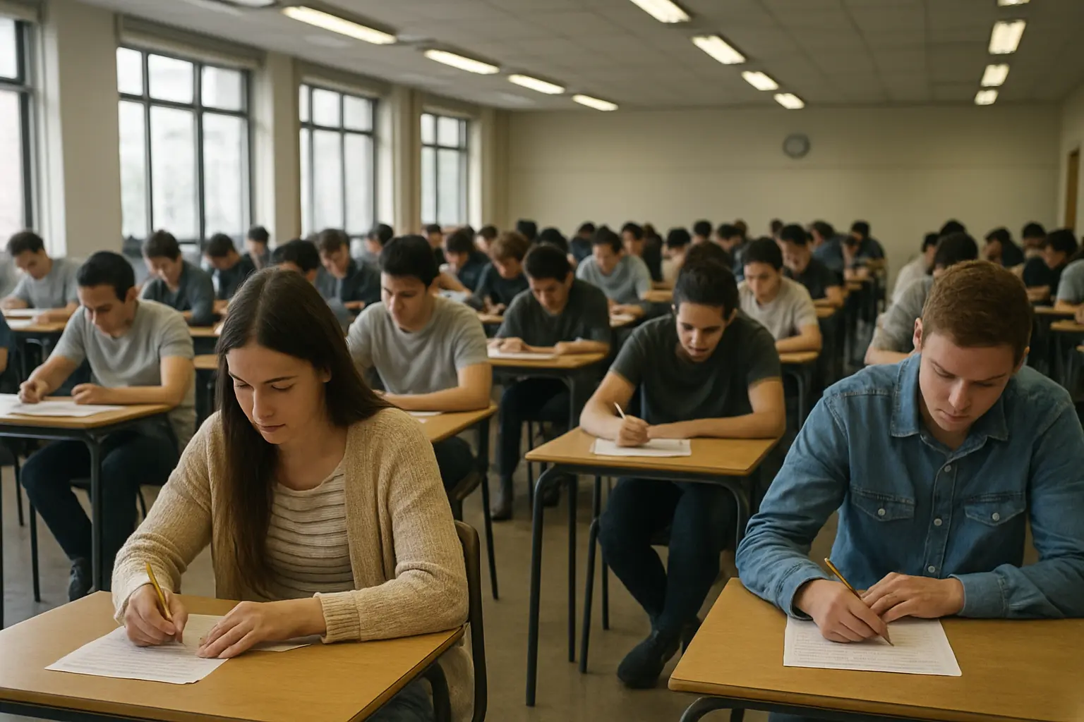 Sala de prova de vestibular concorrido com fileiras de estudantes concentrados