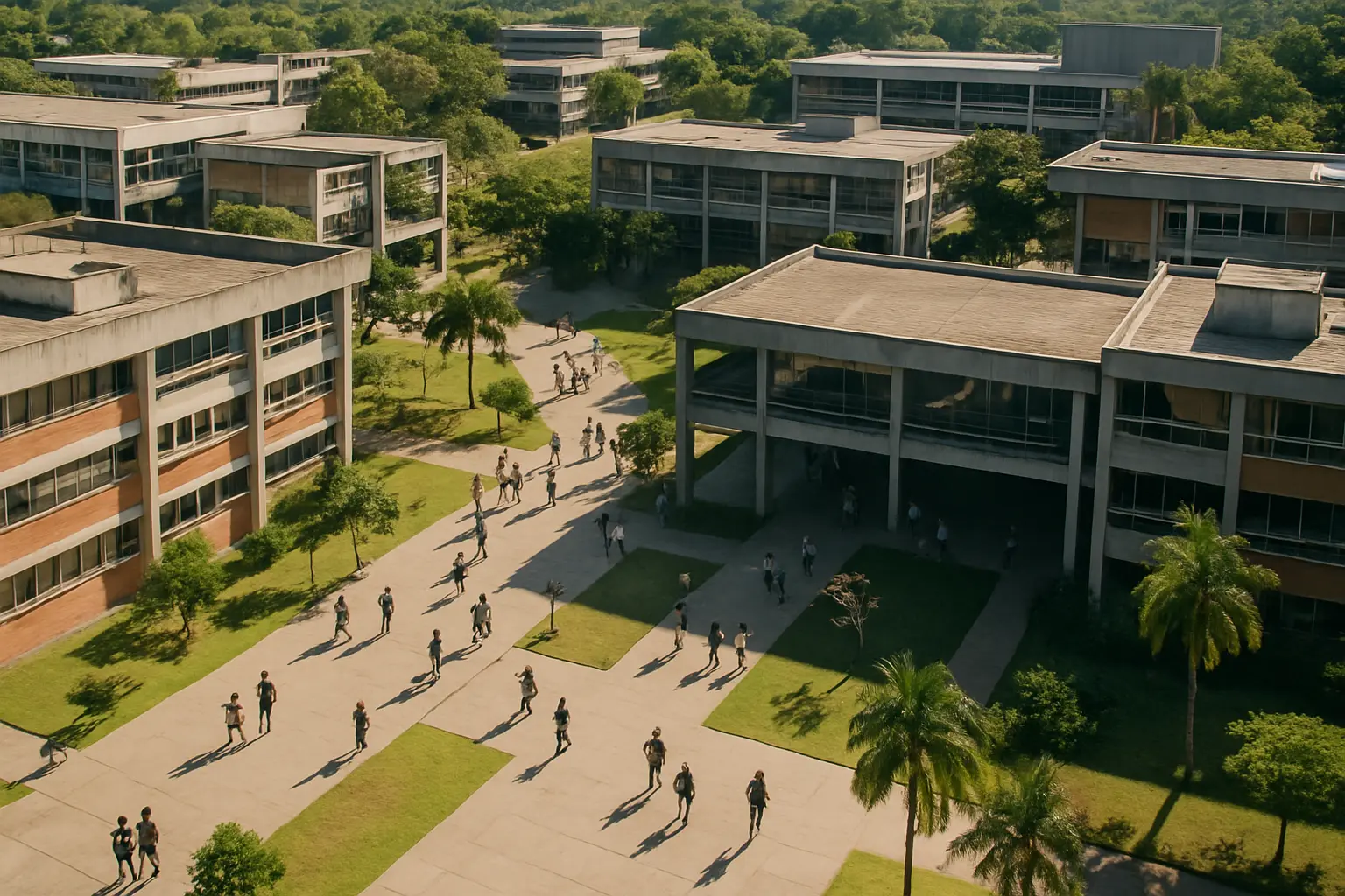 Campus de universidade pública brasileira com estudantes