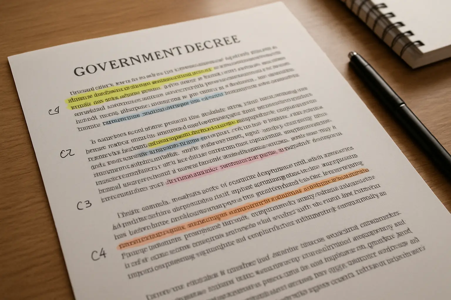 Documento institucional destacado e codificado à mão para análise de conteúdo na pesquisa documental