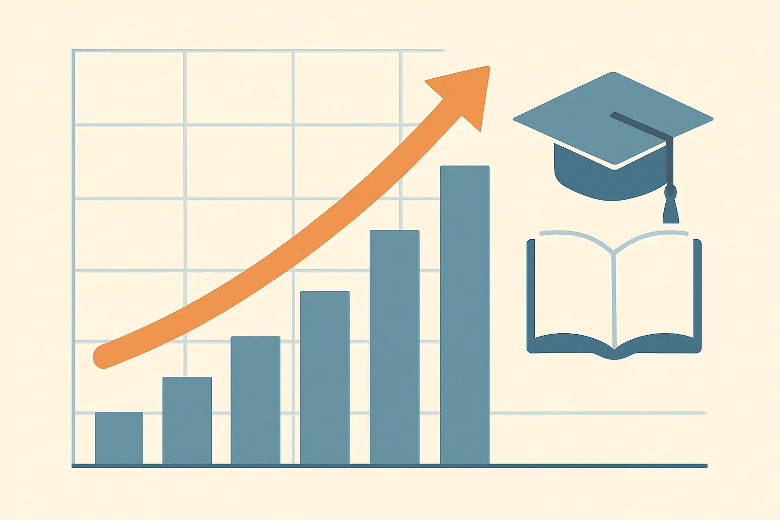 Ilustração de gráfico de crescimento representando evolução da escolaridade ao longo da década